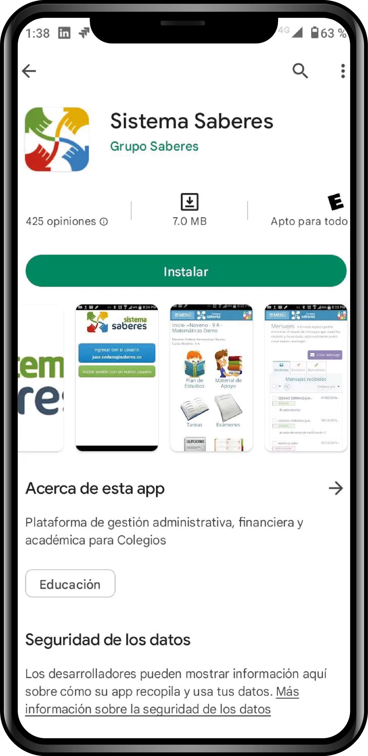 app móvil sistema saberes